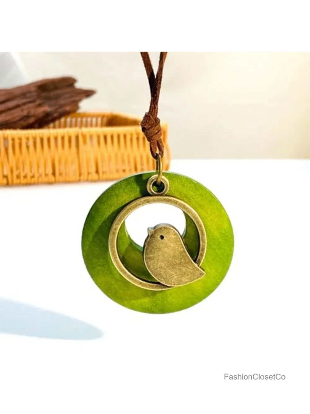 Boho Handmade Wood Pendant Necklace Women Vintage Alloy Leather Adjustable